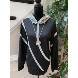 Xiranmei Sweatshirt Womens Large Black Sequin Print Ribbed Hem Hooded Pullover